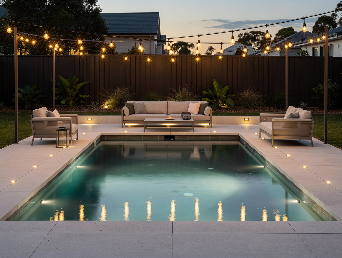 Medium shot of a backyard pool with warm solar Edison string lights hung in a lo