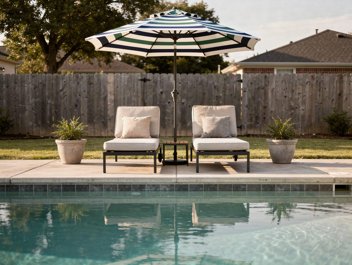 Medium shot of a small poolside seating zone with two budget loungers, striped u