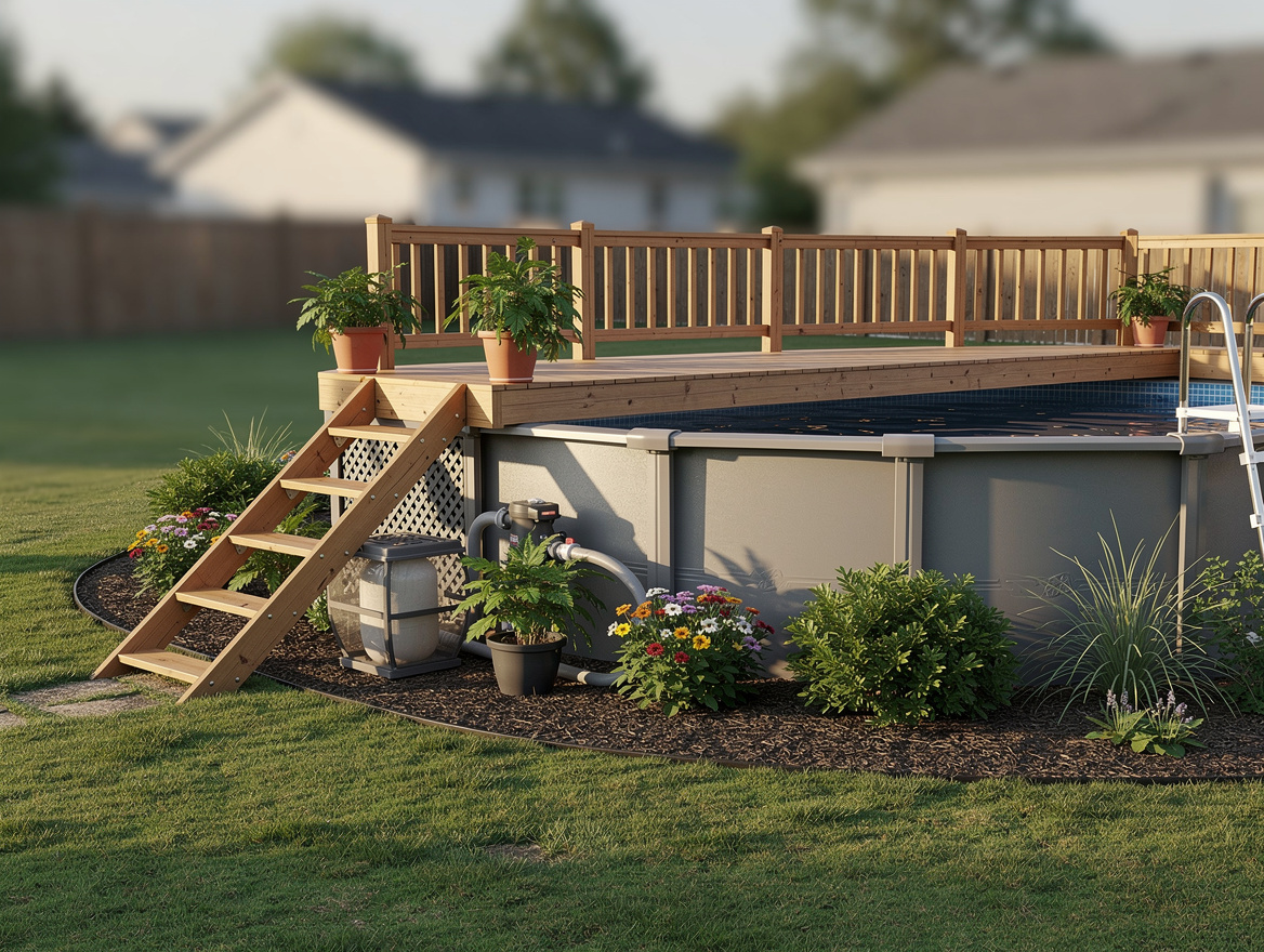Medium shot of a 15-foot above-ground pool with one-side deck at pool height, sc