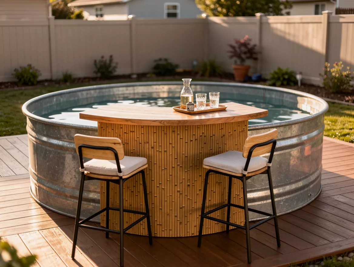 Medium shot of a backyard stock tank pool with one curved bar section, two stool