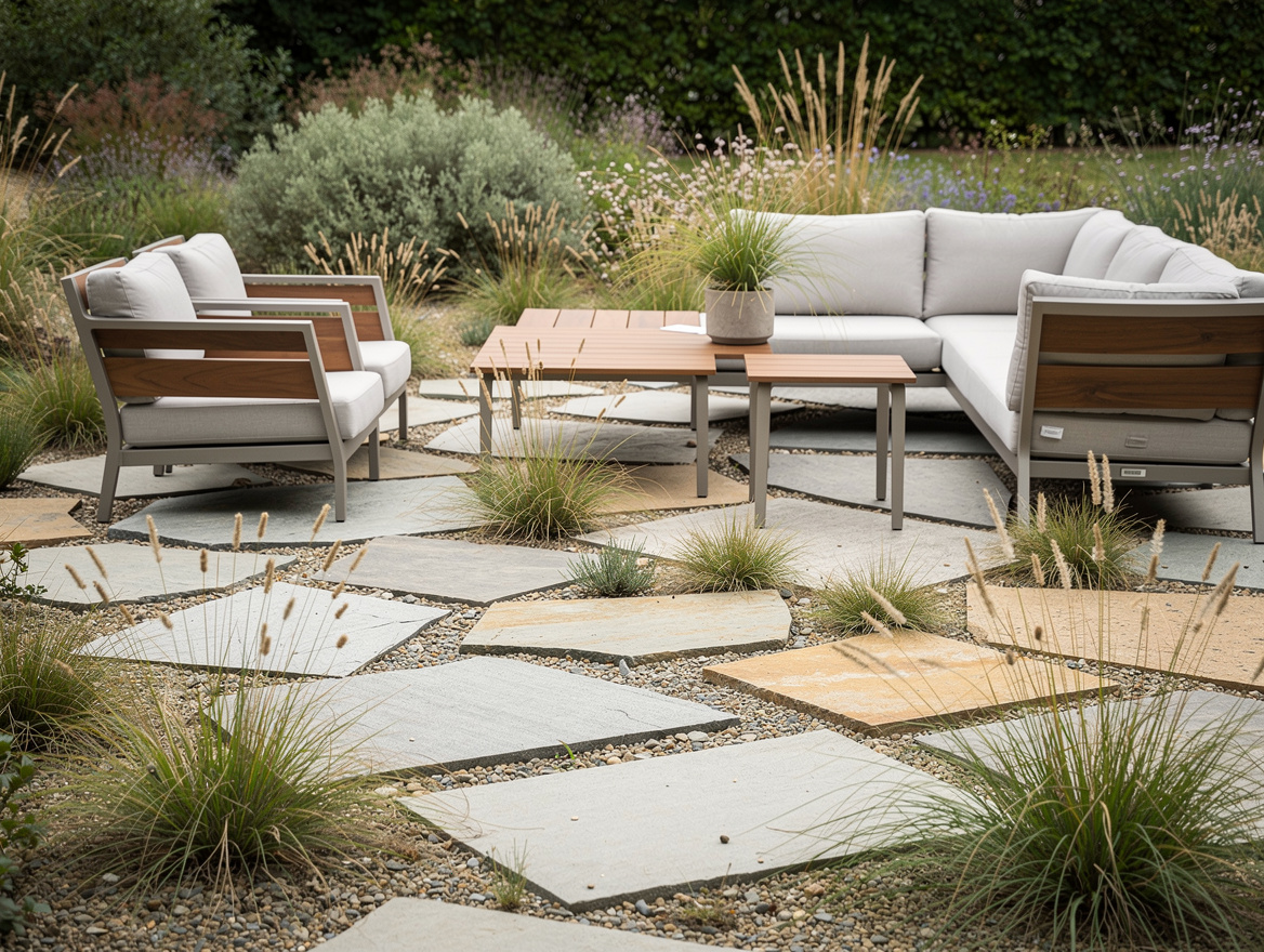 Medium shot of broken paver patio with gravel joints and native ornamental grass