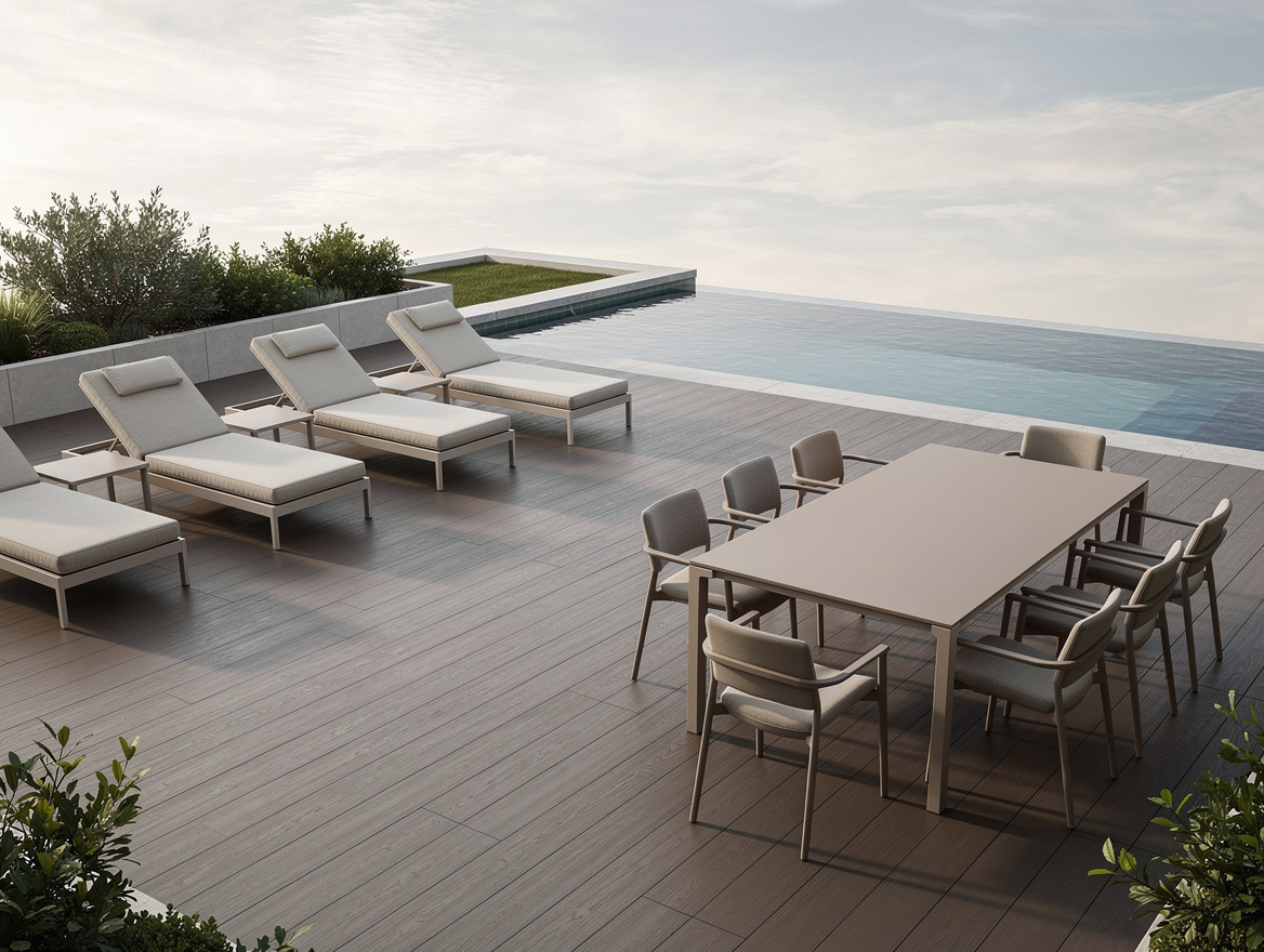 Medium shot of a multi-zone American pool deck with separate chaise lounge area