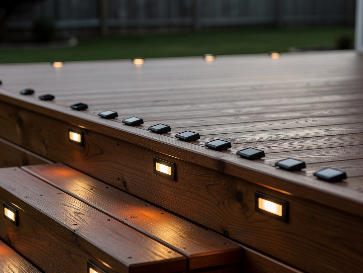 Medium shot of a backyard deck edge lined with flat solar ground lights and low