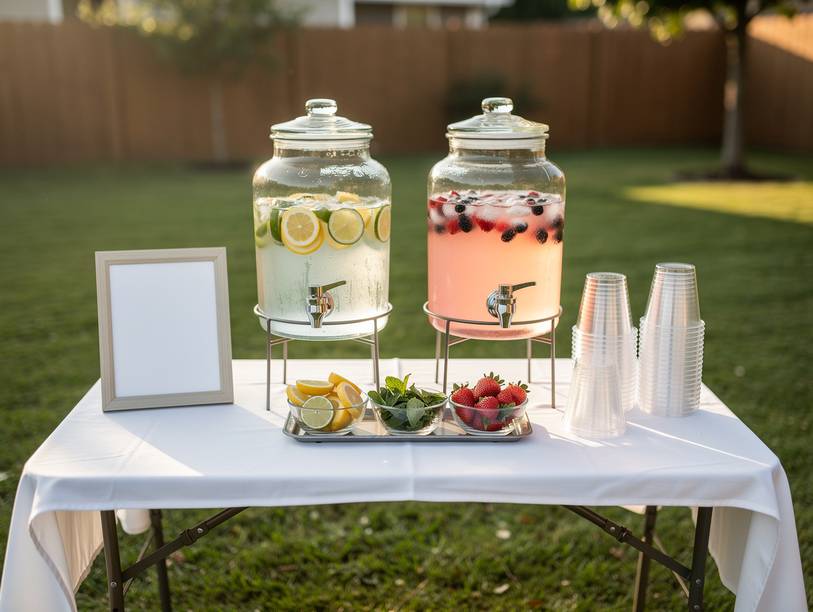 Medium shot of a summer drink station on a narrow folding table with white table