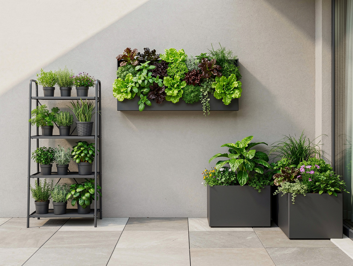 Medium shot of a compact patio with one wall-mounted salad trough, a 3-tier meta