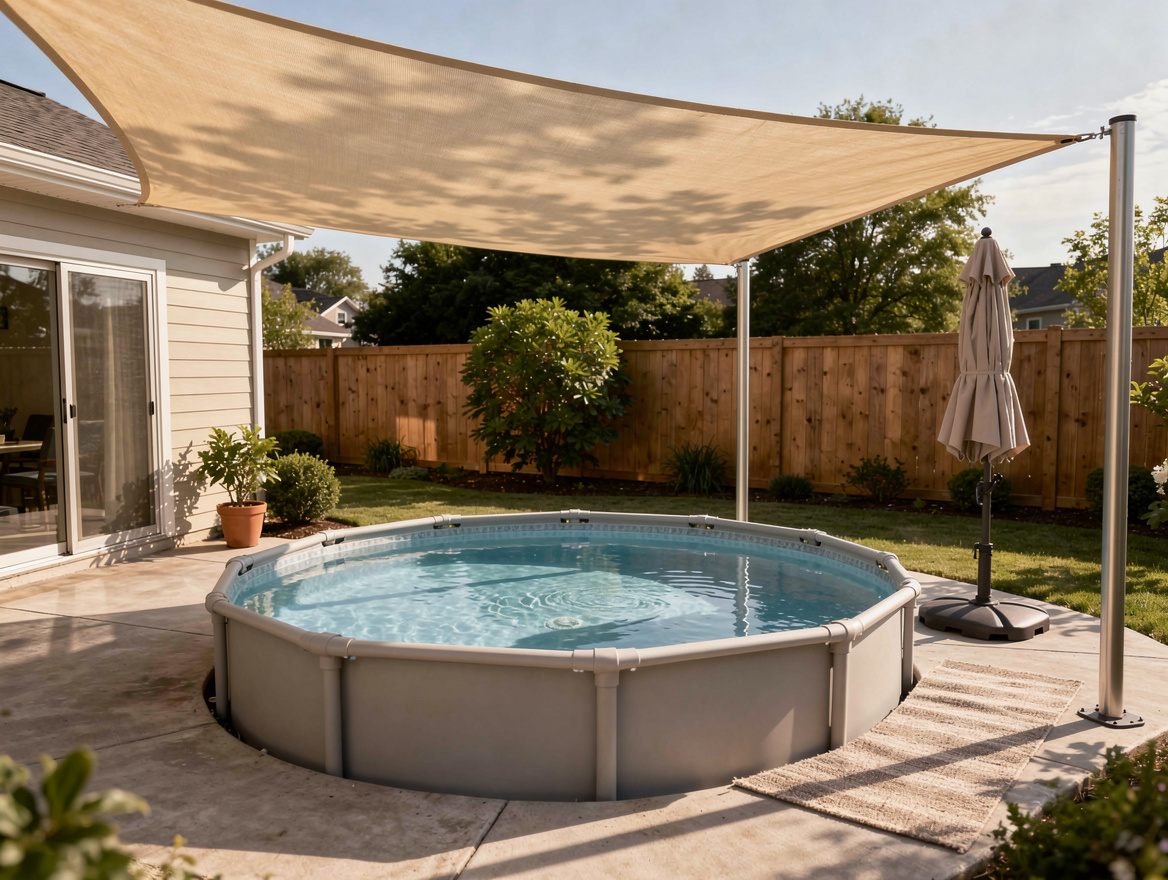 Medium shot of a round above-ground pool under a beige shade sail in a suburban