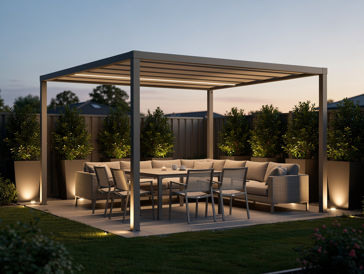 Medium shot of a suburban backyard with a freestanding aluminum pergola over an