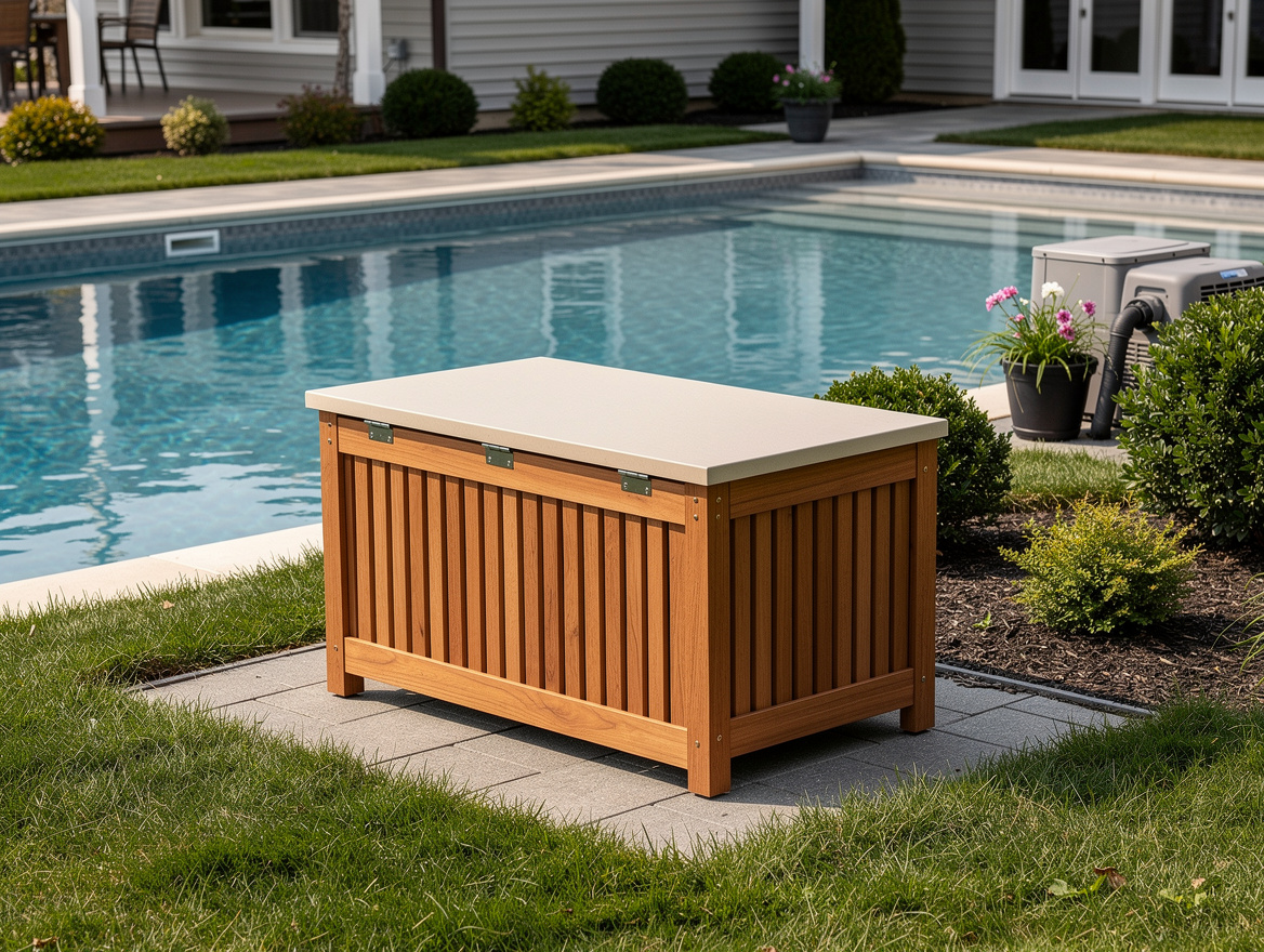 Medium shot of a DIY pool pump cover bench beside a suburban swimming pool, comp