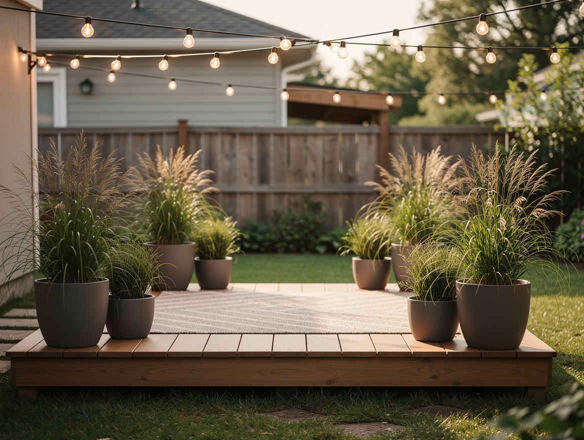 Medium shot of a small backyard with a simple wood platform, resin planters with