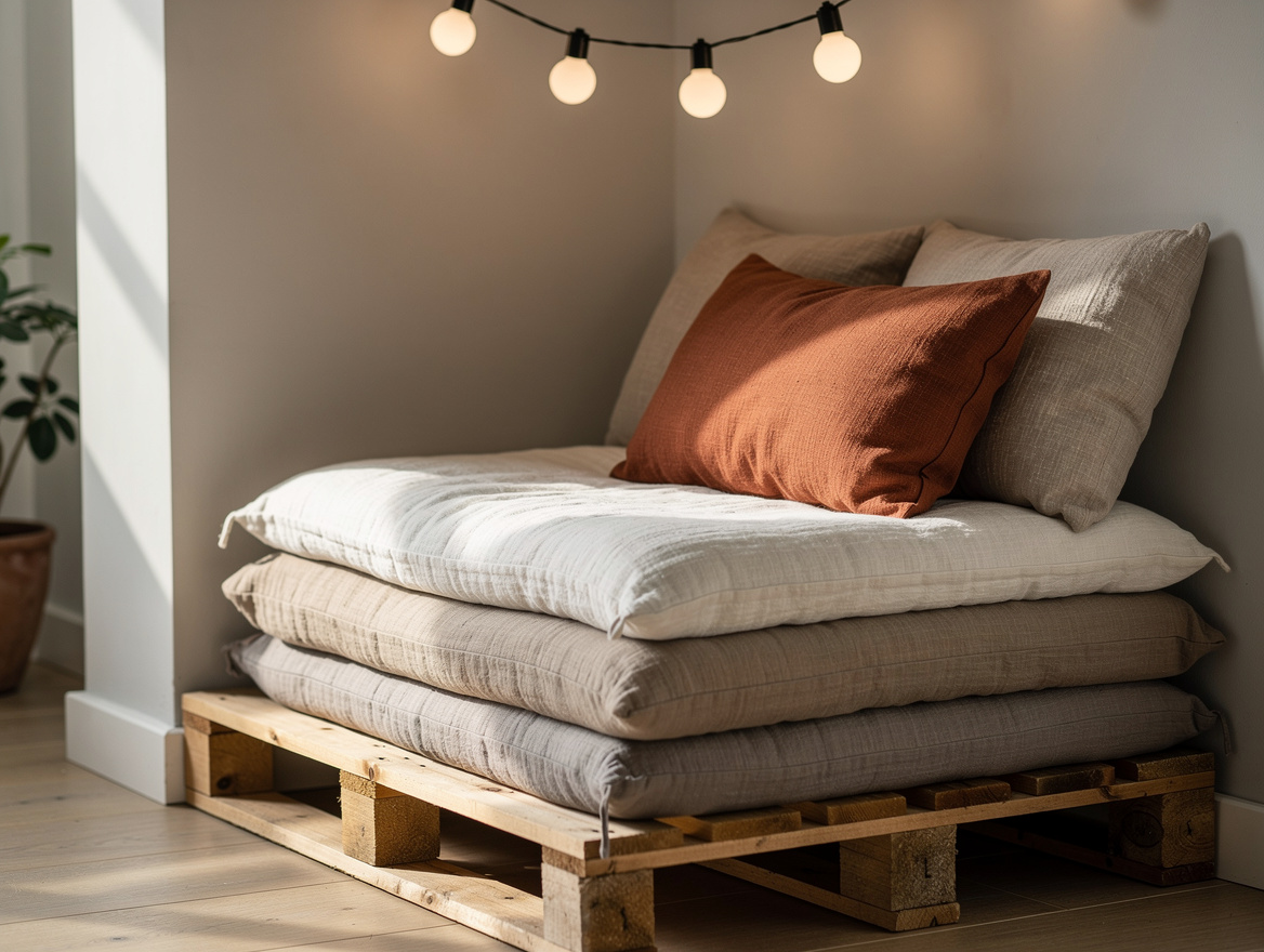 Medium shot of low pallet seating with stacked cushions and one terracotta pillo
