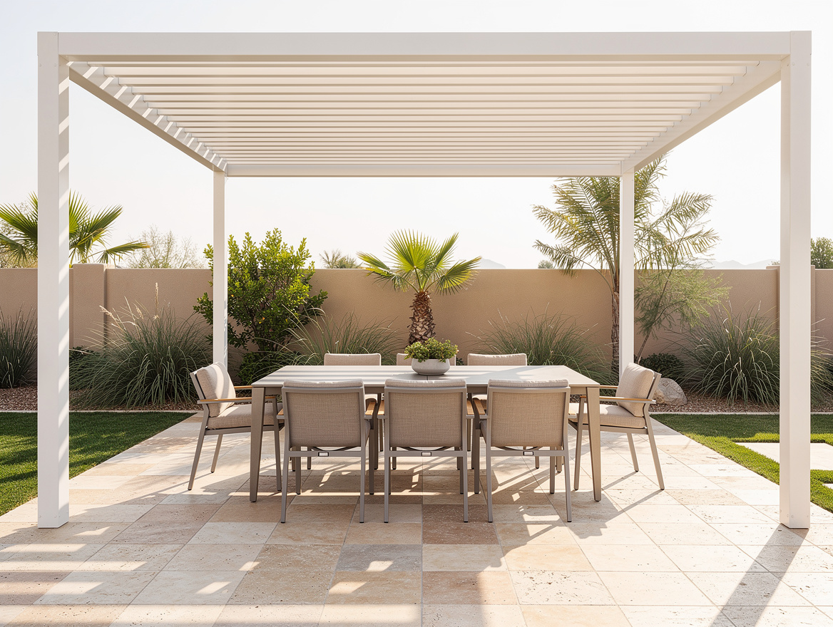 Medium shot of a backyard dining area under a white louvered pergola with light
