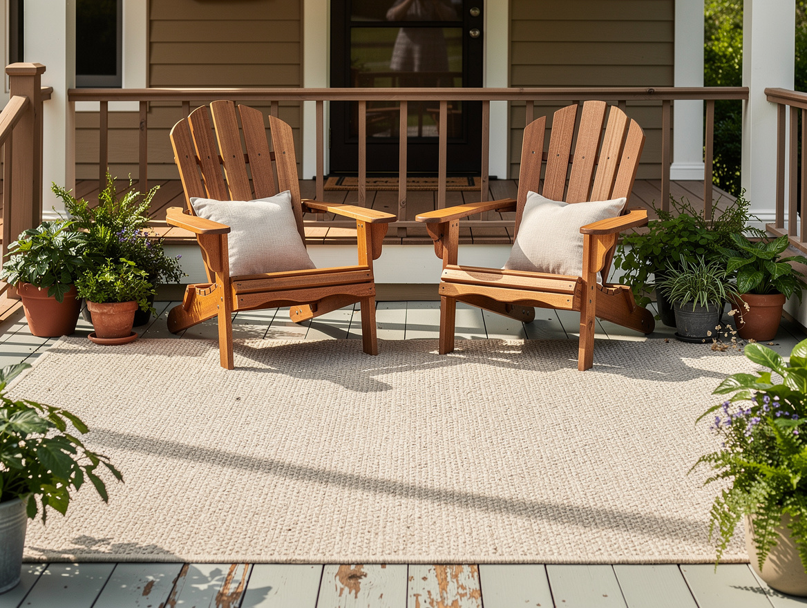 Medium shot of an American front porch with two Adirondack chairs, a large outdo