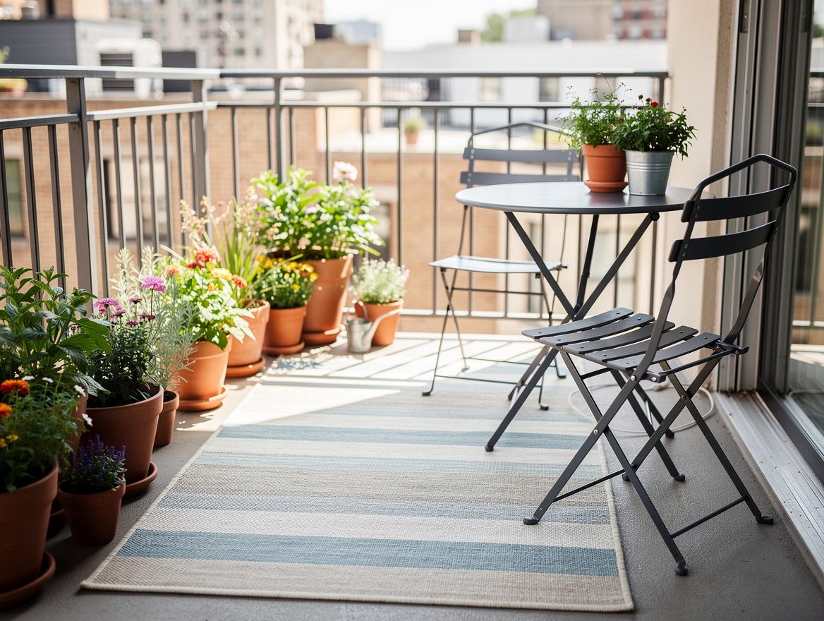 Medium shot of a small balcony with a striped outdoor runner rug, metal bistro c