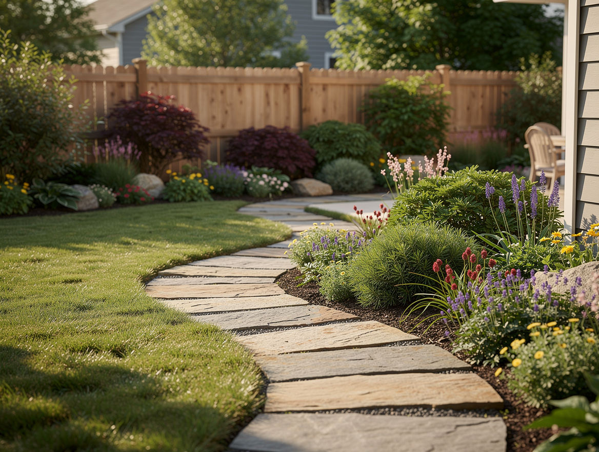 Medium-shot backyard scene with a curved flagstone path weaving through layered