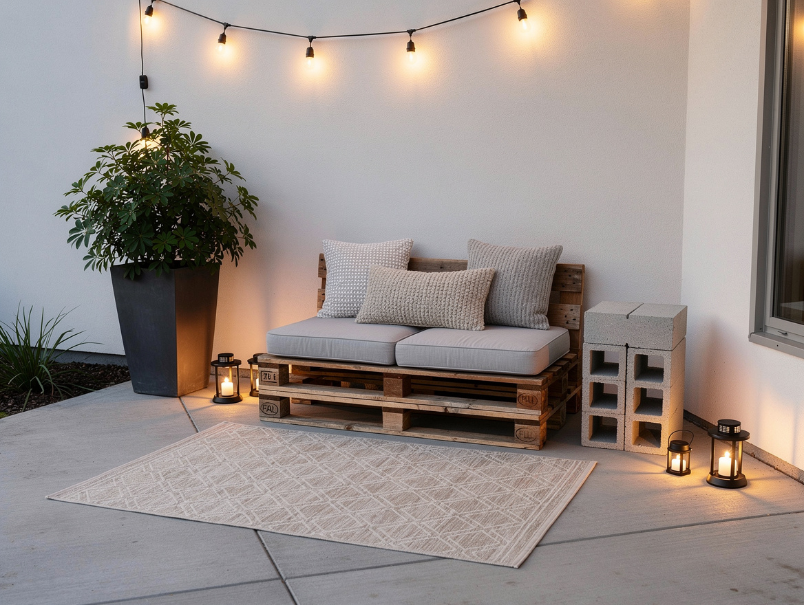 Medium shot of a compact concrete patio with a 5x7 style outdoor rug, pallet sea