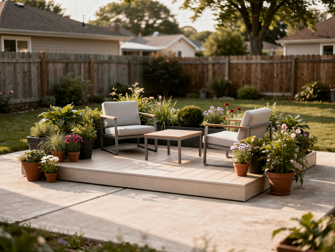 Medium shot of a freestanding mini deck island on an existing patio, pale compos