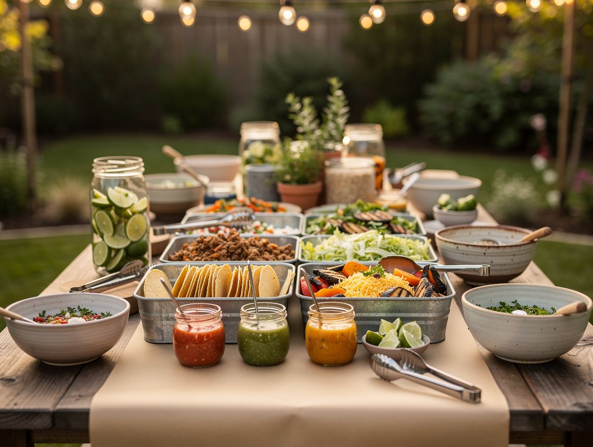 realistic editorial photo of a self-serve taco buffet outdoors, kraft paper runn