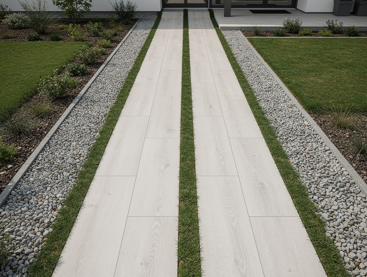 realistic photo of a side yard walkway with 30x120 cm wood-look porcelain planks