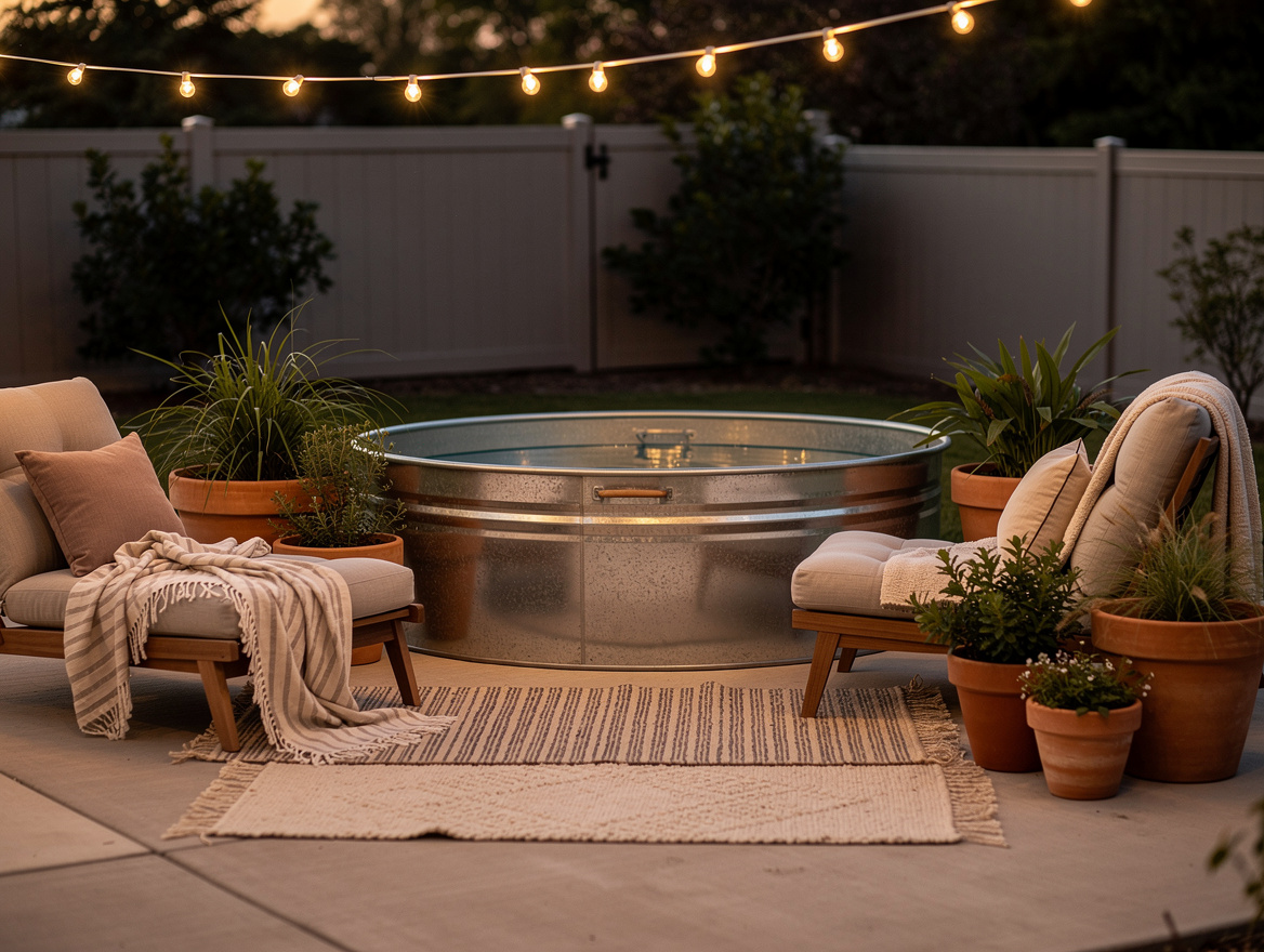 Wide angle of a small concrete patio with a stock tank plunge, two neutral loung