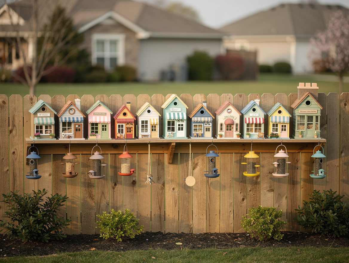 medium shot of fence shelf lined with birdhouse storefronts and feeders, chest h