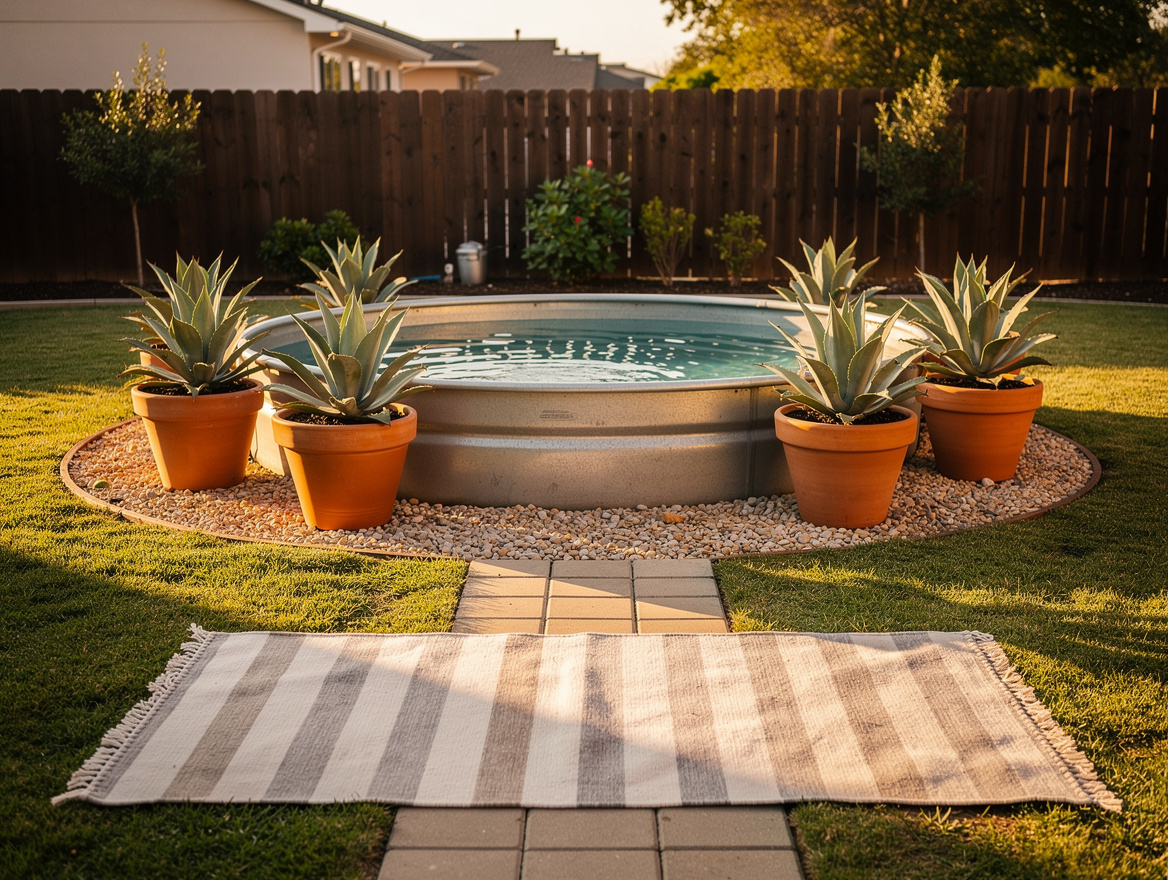 Wide-angle backyard shot of a round stock tank pool framed by a gravel ring, ter