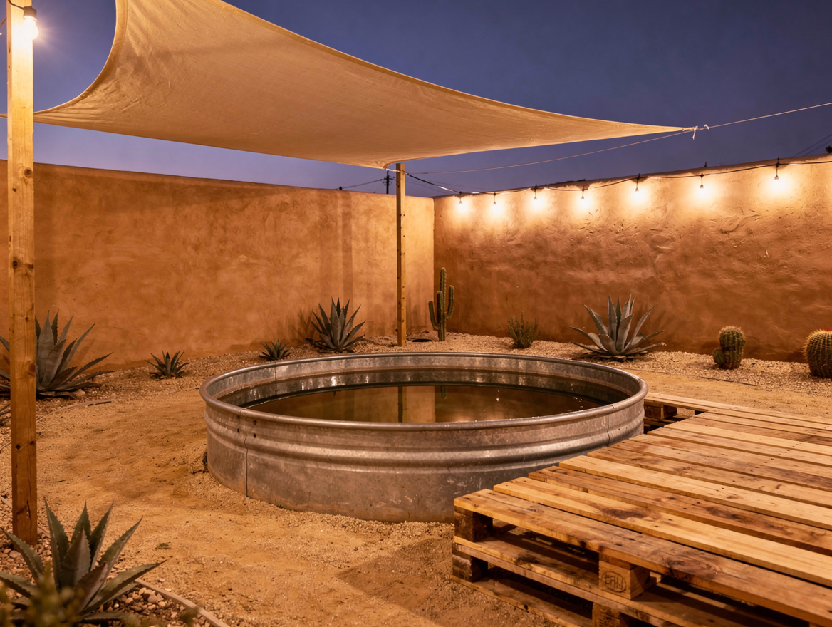 Wide view of a backyard stock tank pool styled as a desert courtyard with a canv