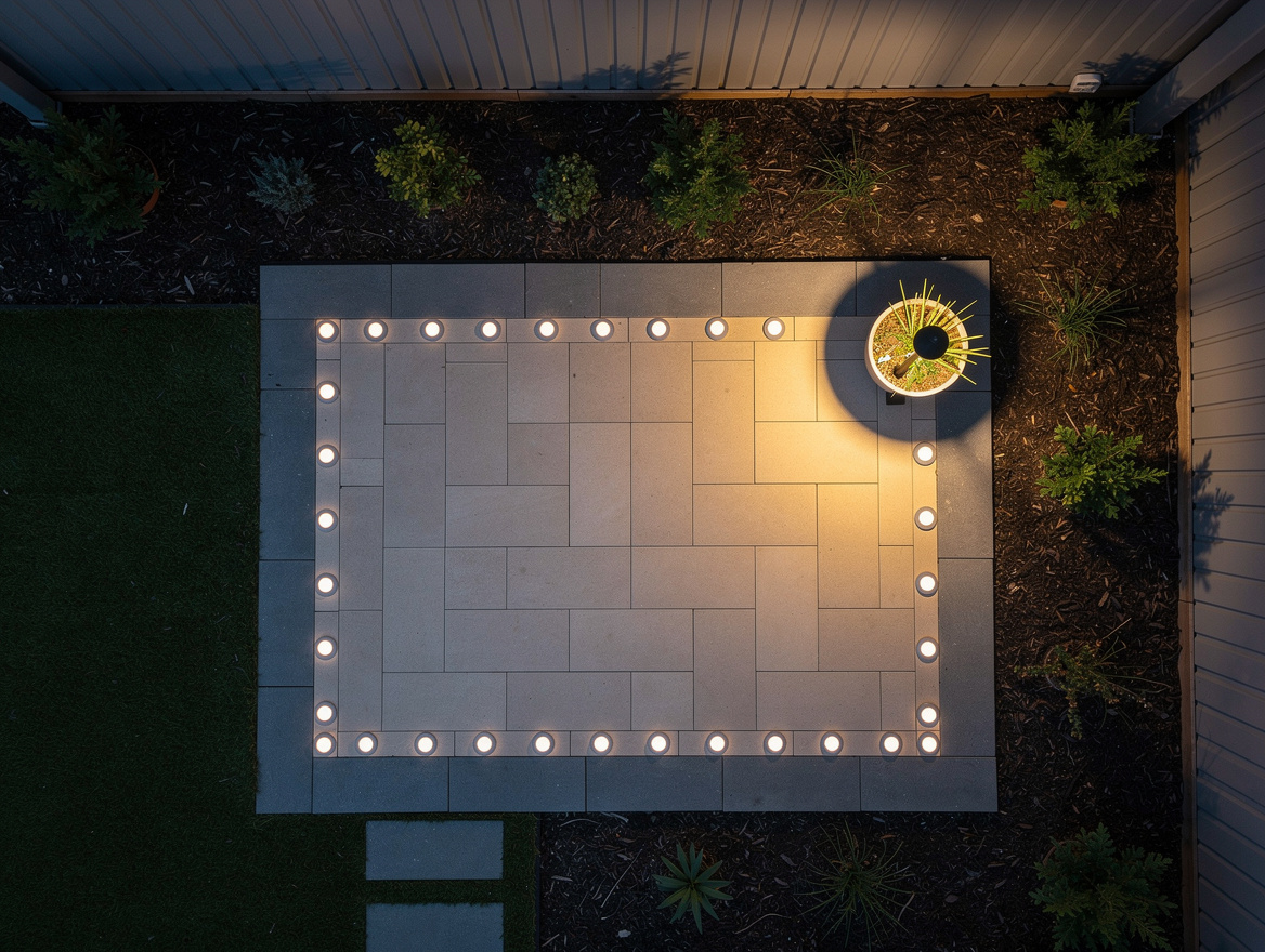Overhead plan view of a small patio layout with layered solar lighting markers a