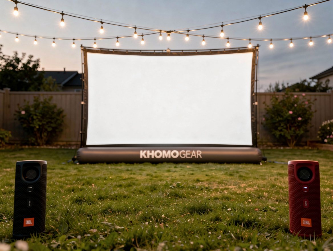A wide shot of an inflatable KHOMO Gear screen on a lawn with two JBL Flip 6 spe