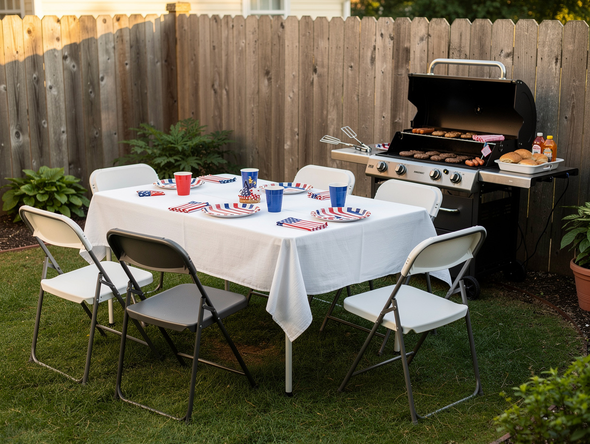 Medium shot of a small American backyard cookout layout with folding chairs, 6 f