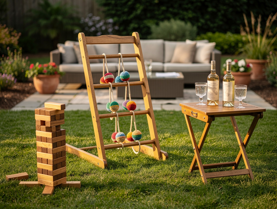 Medium shot of an adult-friendly backyard game zone with ladder toss, tumbling t