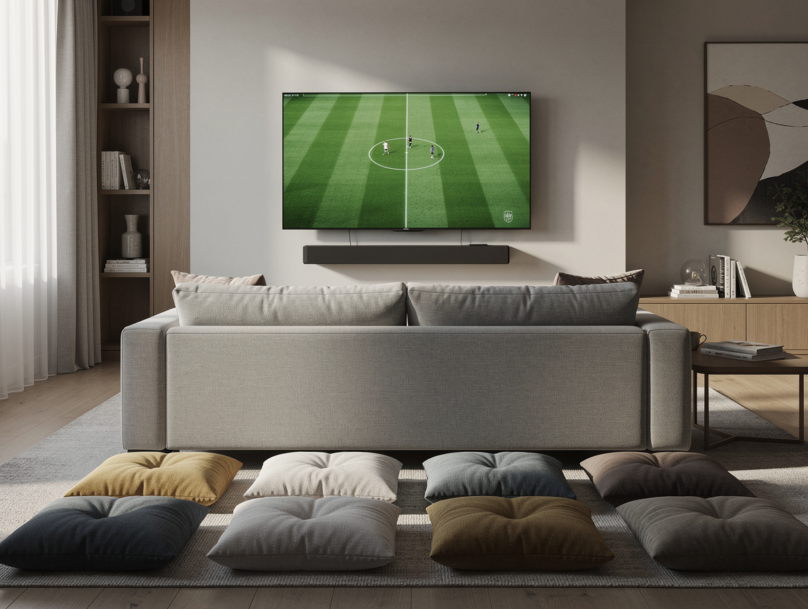 Medium-shot photo of a living room with a 65-inch TV wall, soundbar, sofa and fl