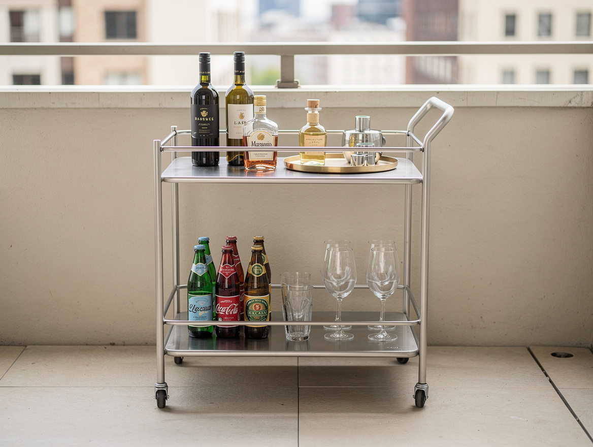 Realistic medium-shot editorial photo of a slim powder-coated steel outdoor bar