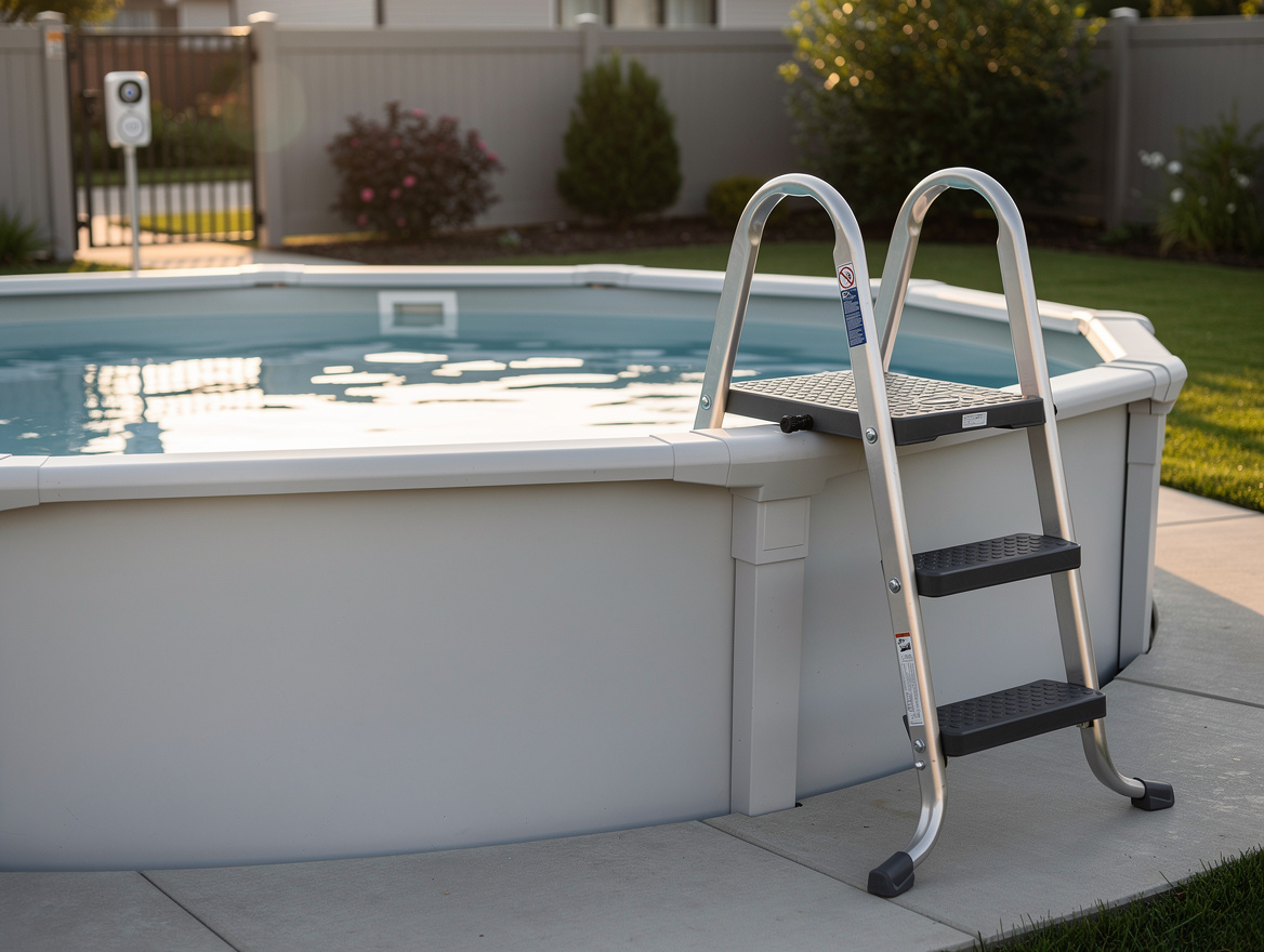 Medium shot of an above-ground pool with a lockable A-frame ladder, non-slip ste