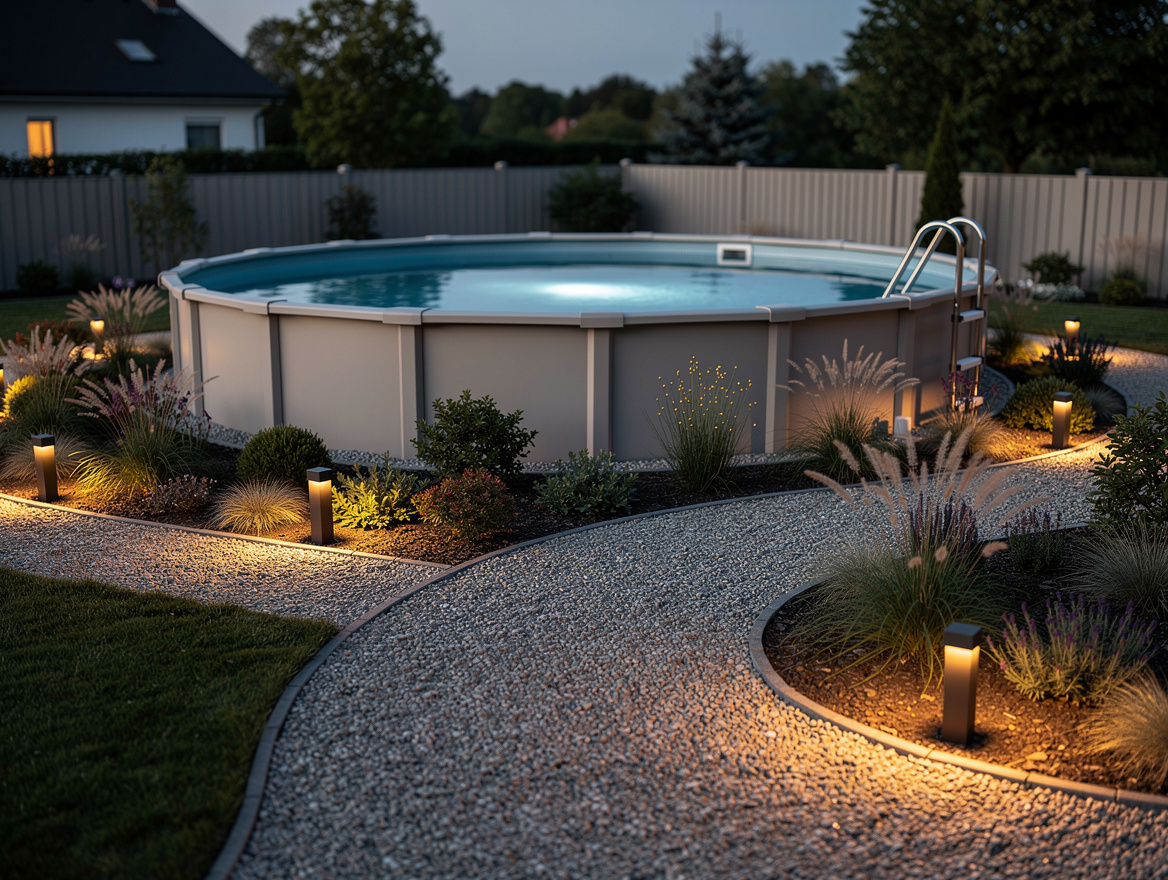 evening ambiance of above-ground pool area with low garden lighting illuminating