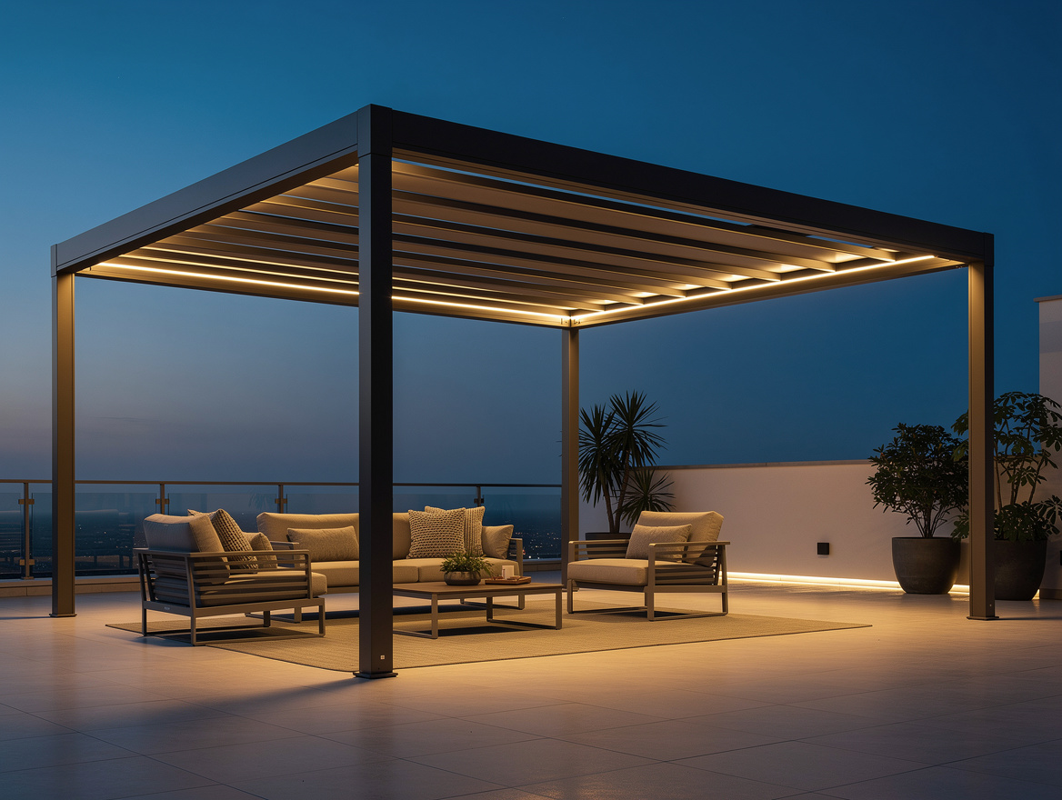 Ambiance shot of integrated low-voltage lighting under a bioclimatic pergola at