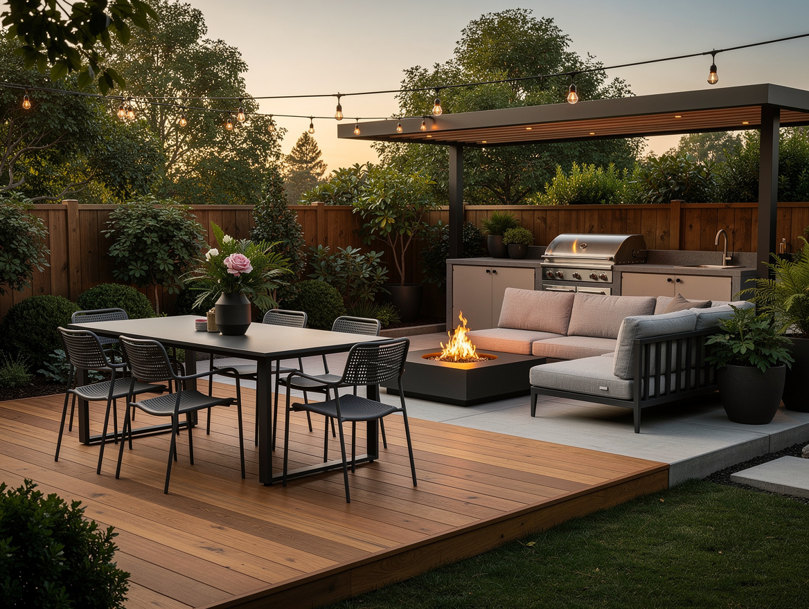 Wide ambiance photo of a stylish American backyard dining and cooking space with