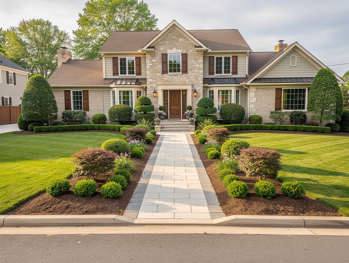 Wide curb appeal photo of an American house with large concrete paver walkway, c