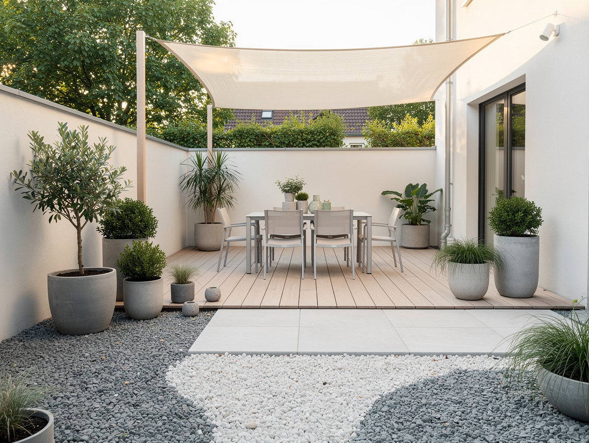 Wide ambiance photo of a small backyard with light surfaces, gravel, potted gree