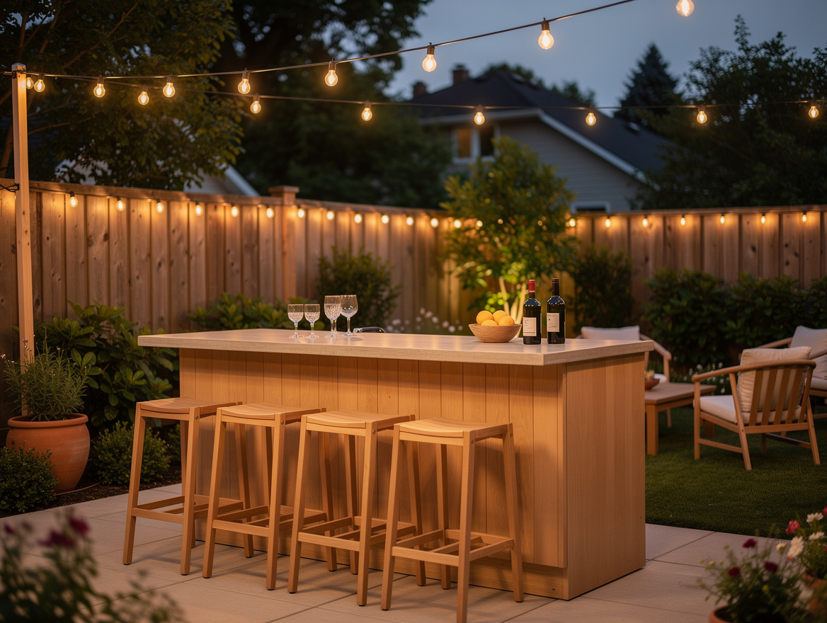 Wide ambiance photo of a finished backyard outdoor bar with stools, string light
