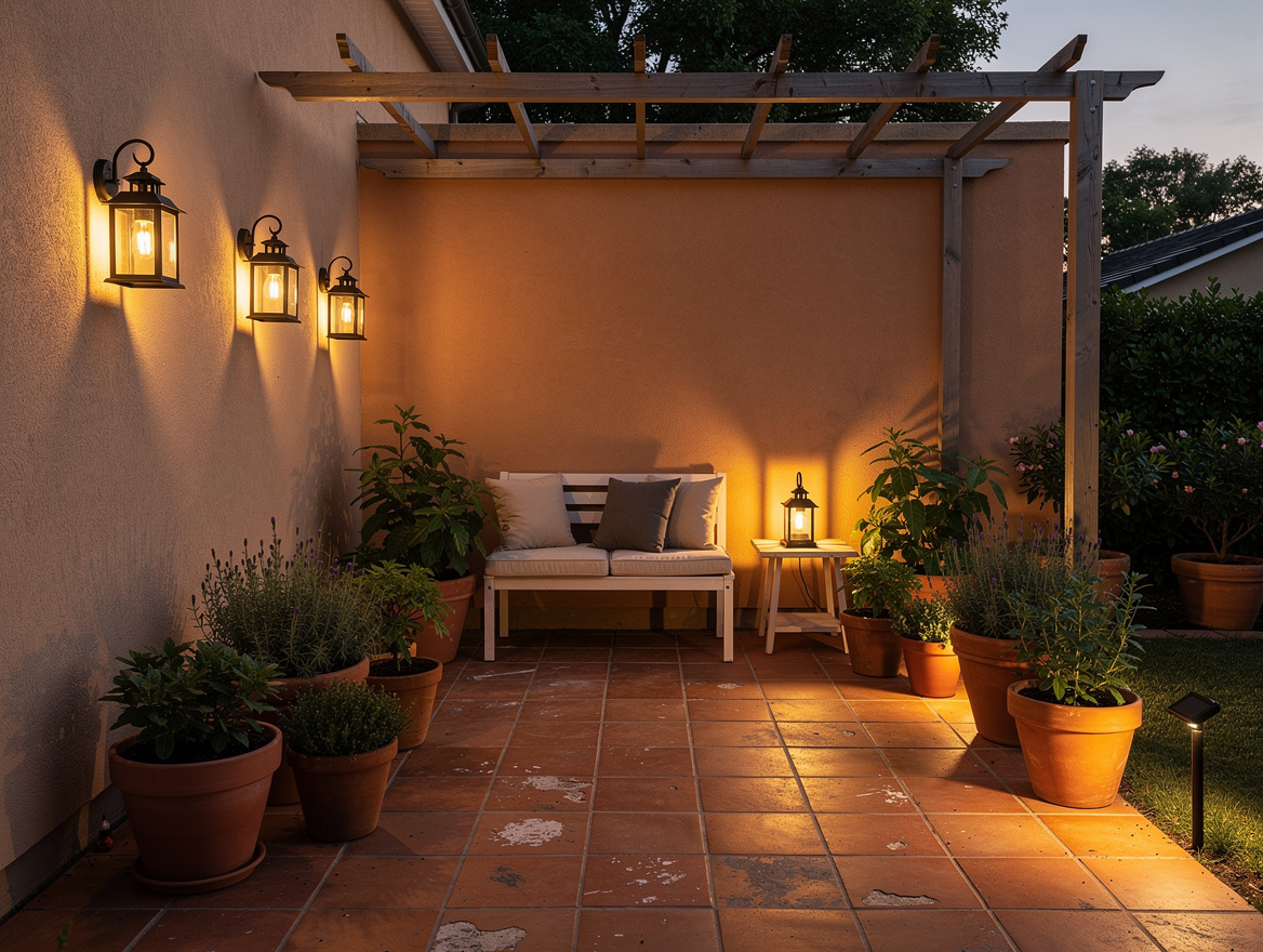 Wide ambiance photo of a compact terracotta patio at dusk with warm solar lanter