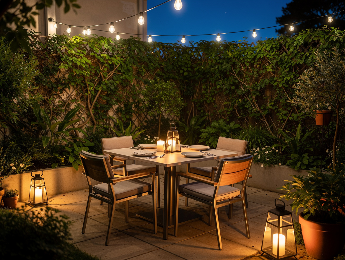 Wide ambiance shot of a cozy restaurant-style backyard dining nook at dusk, warm