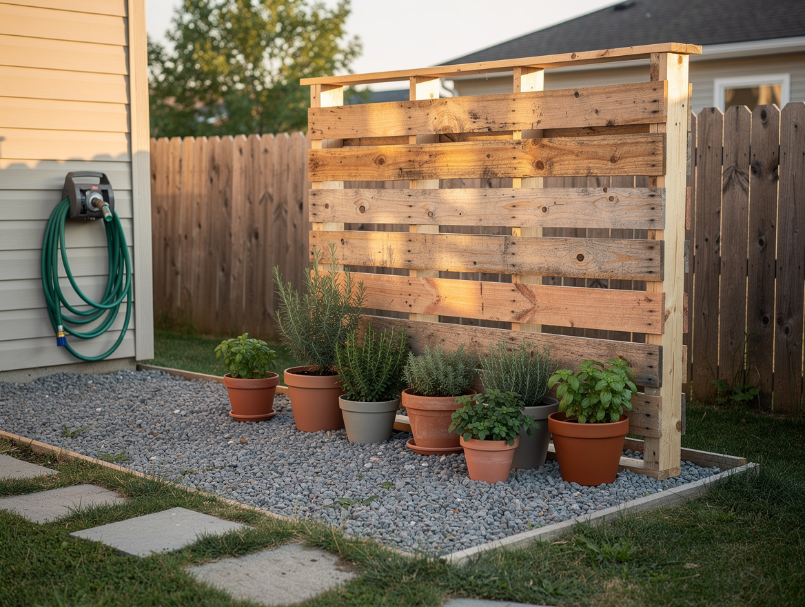 Wide ambient photo of a modest American backyard corner transformed by a small b