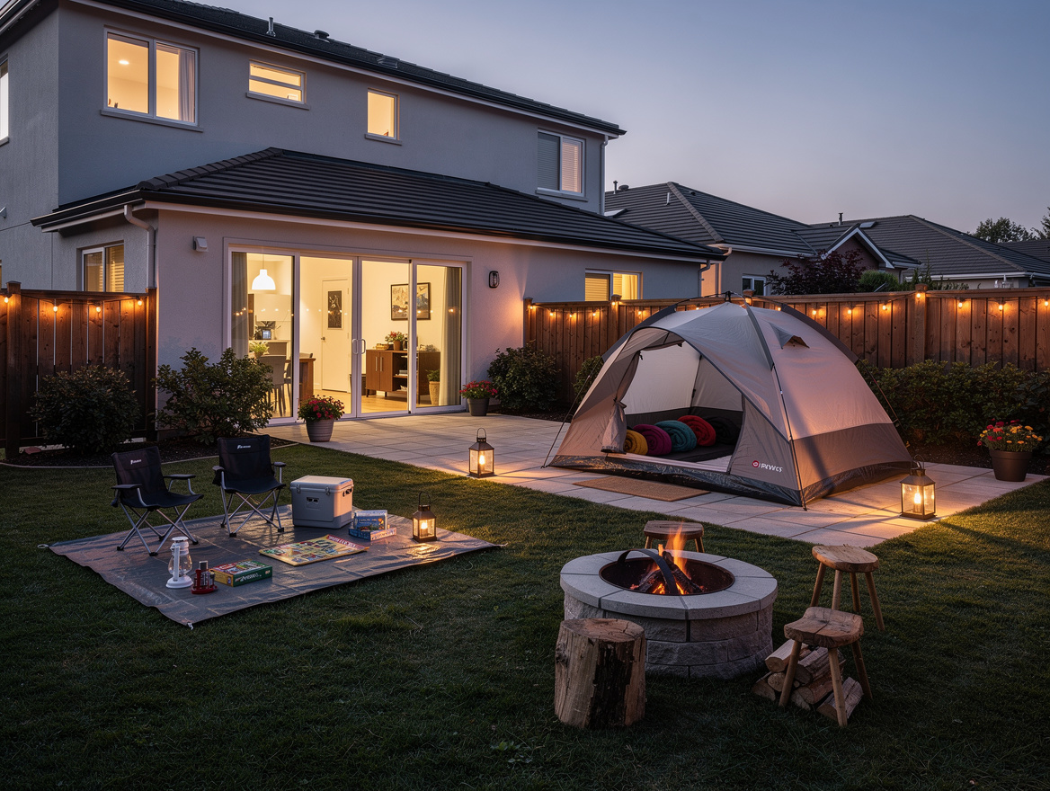 Wide ambient photo of a suburban backyard set for a no-phone camping weekend, te