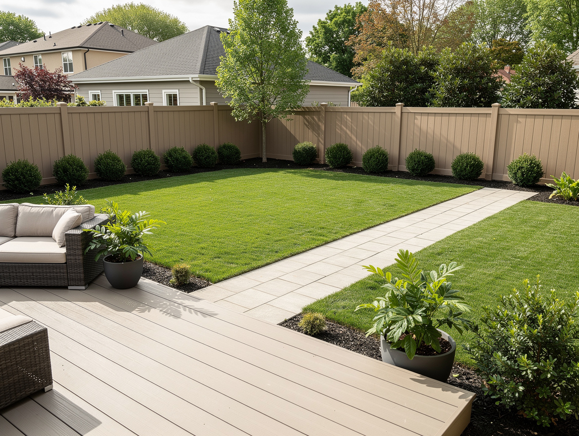 Wide ambiance photo of a tidy American backyard with neutral composite deck, ope