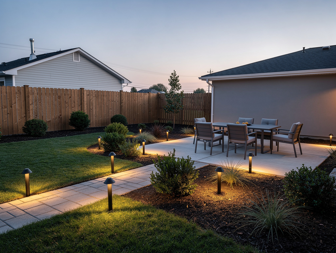 Wide ambient photo of a modest American backyard styled to feel like a resort us