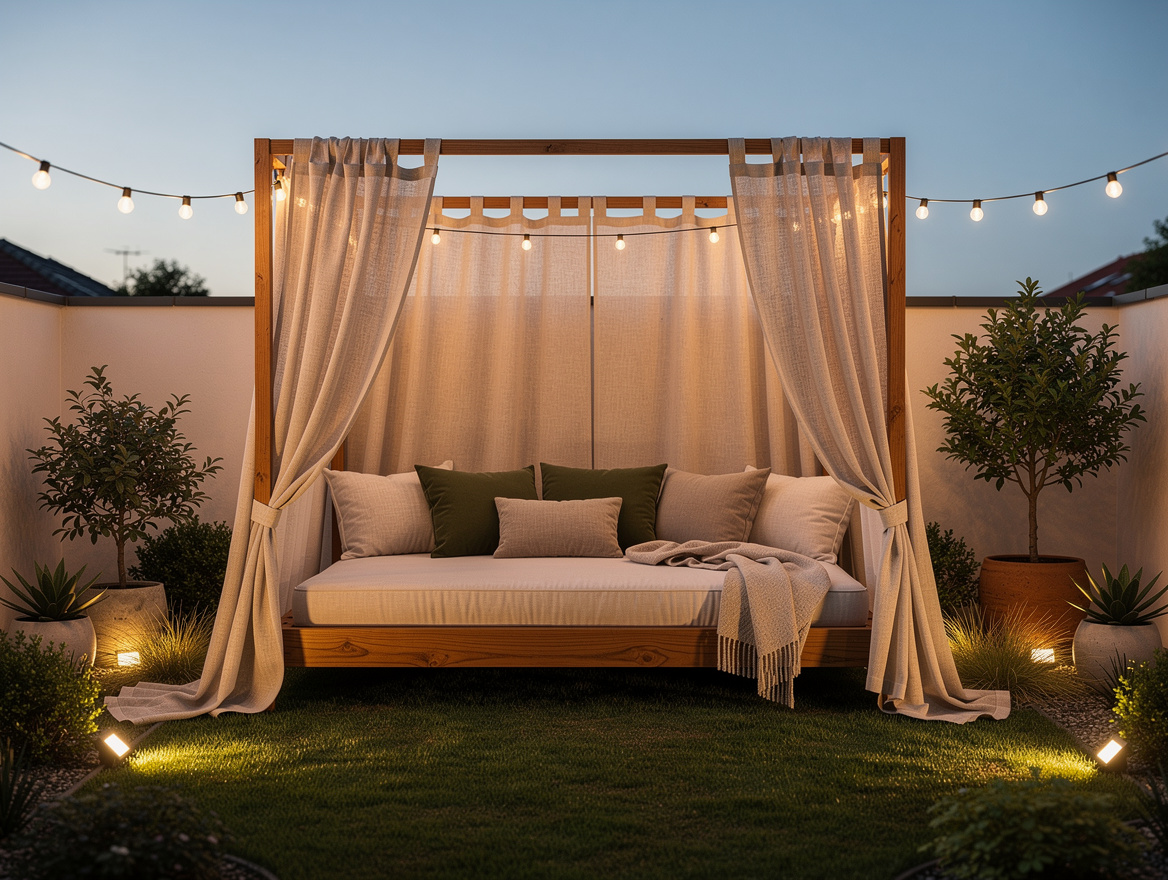 Wide mood shot of a cozy small yard with a resort-style DIY daybed, warm wood, b
