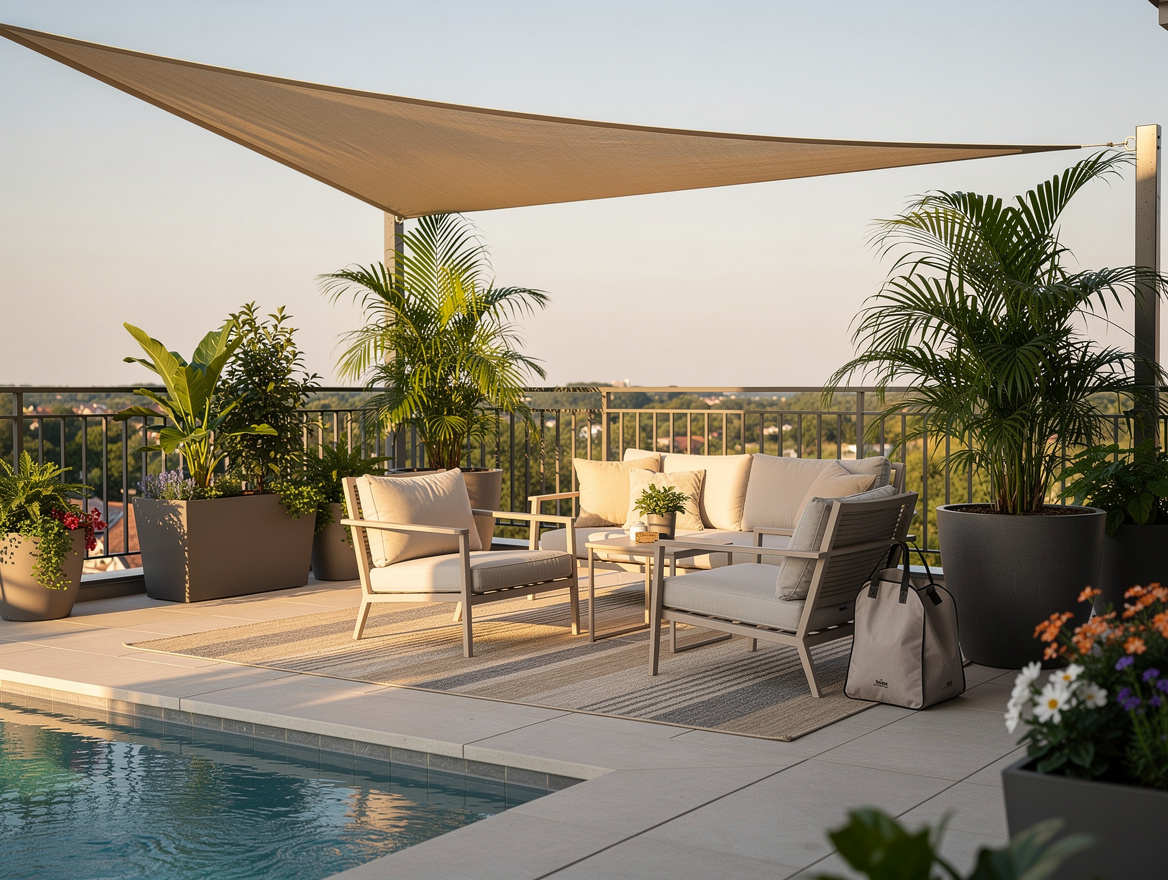 Wide ambiance photo of a calm pool deck with large planters, outdoor rug, weight