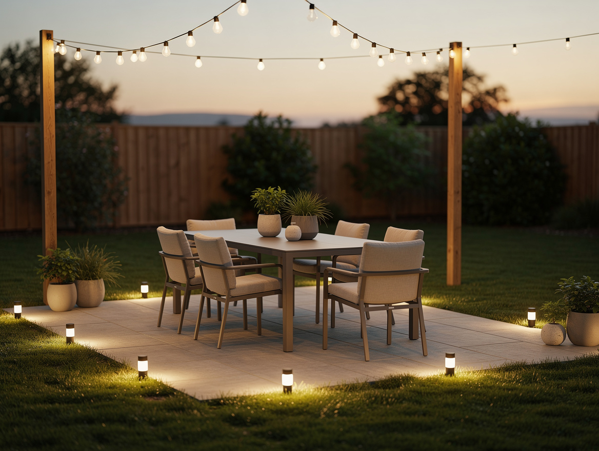 Wide ambiance photo of a simple backyard before-sunset glow-up with patio dining