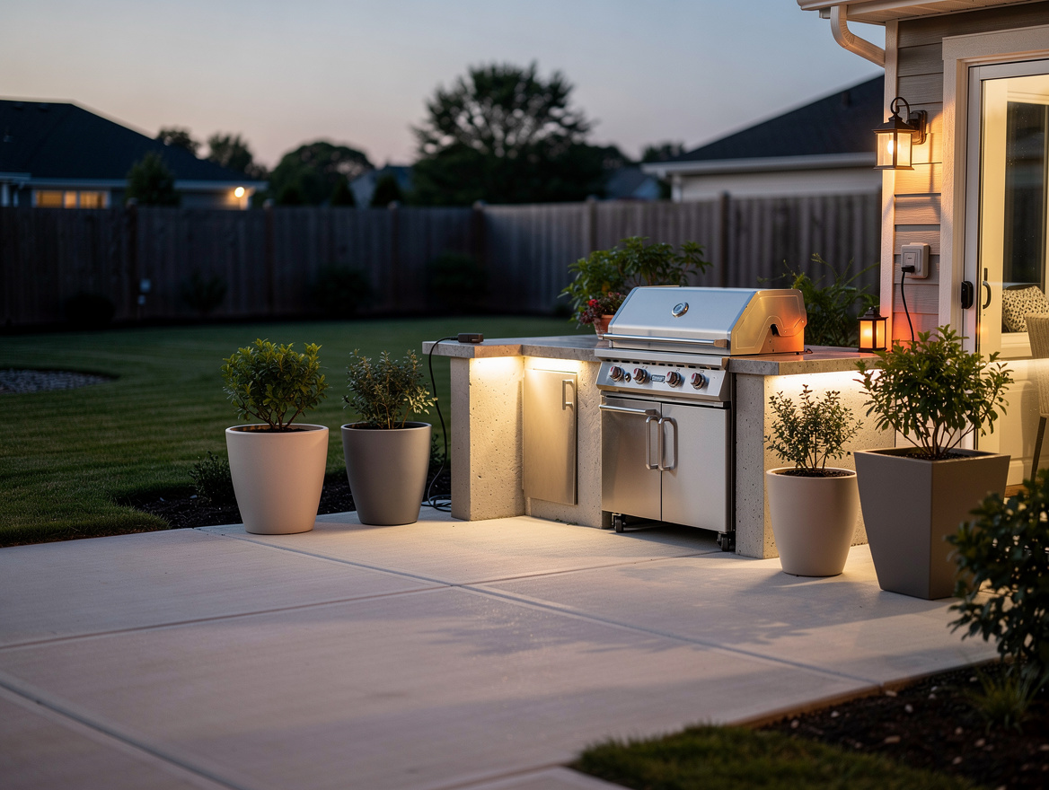 Wide ambiance photo of a cozy American patio with a simple no-permit outdoor kit