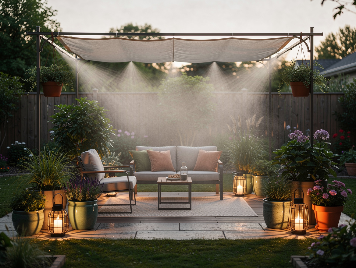 Wide ambiance photo of a backyard seating area featuring a slim misting arbor wi
